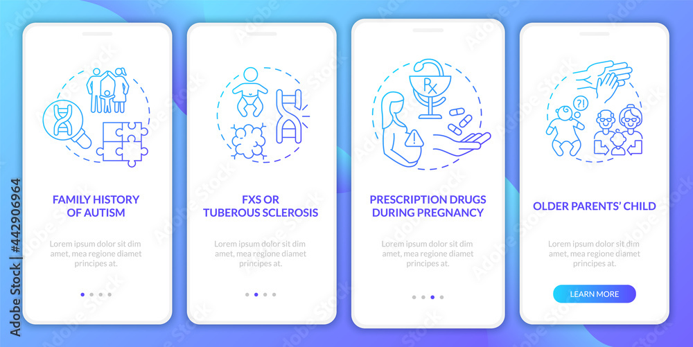 ASD causes onboarding mobile app page screen. Older parents child, inheritance walkthrough 4 steps graphic instructions with concepts. UI, UX, GUI vector template with linear color illustrations