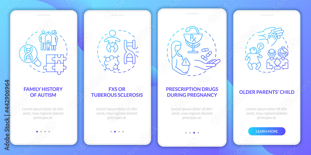 ASD causes onboarding mobile app page screen. Older parents child, inheritance walkthrough 4 steps graphic instructions with concepts. UI, UX, GUI vector template with linear color illustrations ASD causes onboarding mobile app page screen. Older parents child, inheritance walkthrough 4 steps graphic instructions with concepts. UI, UX, GUI vector template with linear color illustrations