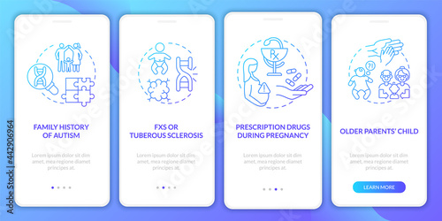 ASD causes onboarding mobile app page screen. Older parents child  inheritance walkthrough 4 steps graphic instructions with concepts. UI  UX  GUI vector template with linear color illustrations