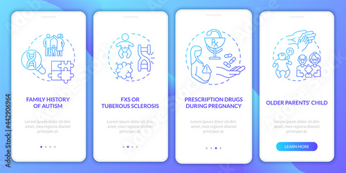 ASD causes onboarding mobile app page screen. Older parents child, inheritance walkthrough 4 steps graphic instructions with concepts. UI, UX, GUI vector template with linear color illustrations