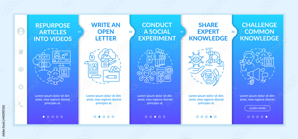 Buzzworthy content methods onboarding vector template. Responsive mobile website with icons. Web page walkthrough 5 step screens. Challenge common knowledge color concept with linear illustrations