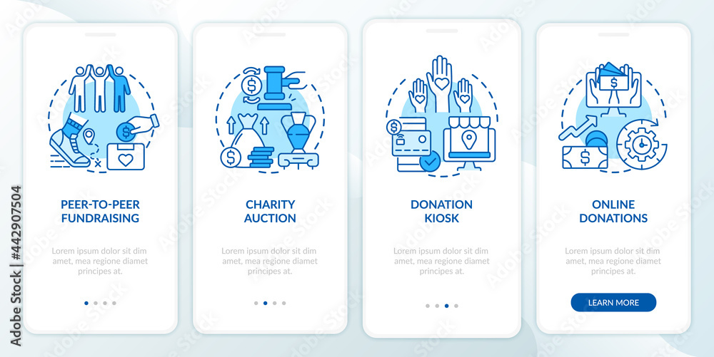 Charity event ideas onboarding mobile app page screen. Charitable sales walkthrough 4 steps graphic instructions with concepts. UI, UX, GUI vector template with linear color illustrations