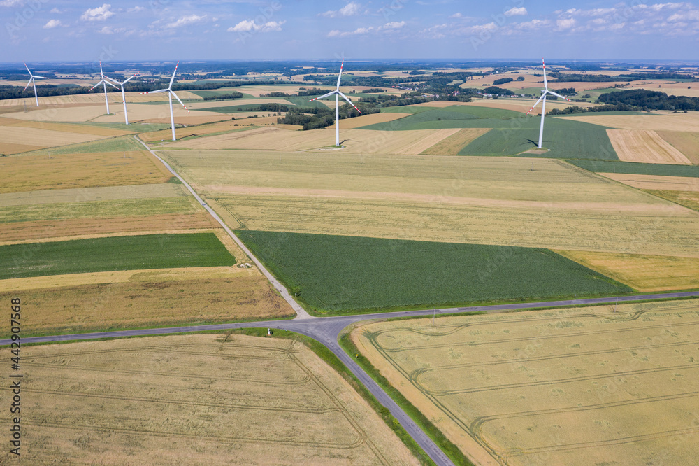 Obraz premium Village from drone aerial view. Beautiful village with houses and fields in Nysa, Poland. Polish farmland