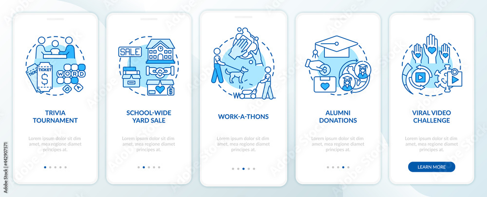 Money donation ideas onboarding mobile app page screen. School-wide yard sale walkthrough 5 steps graphic instructions with concepts. UI, UX, GUI vector template with linear color illustrations