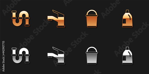 Set Industry metallic pipe, Water tap, Bucket and Bottle for cleaning agent icon. Vector