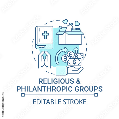 Religious and philanthropic groups concept icon. Fundraising abstract idea thin line illustration. Collecting money for public good. Extra funds. Vector isolated outline color drawing. Editable stroke