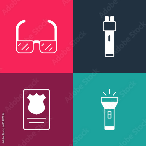 Set pop art Flashlight, Police badge with id case, electric shocker and Safety goggle glasses icon. Vector