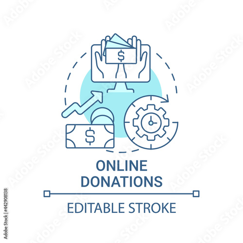 Online donations concept icon. Fundraising event abstract idea thin line illustration. Mobile, computer giving. Collect donations around world. Vector isolated outline color drawing. Editable stroke