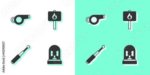 Set Flasher siren, Whistle, Telescopic baton and Protest icon. Vector