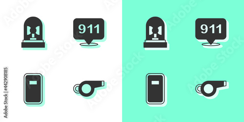 Set Whistle, Flasher siren, Police assault shield and Telephone call 911 icon. Vector
