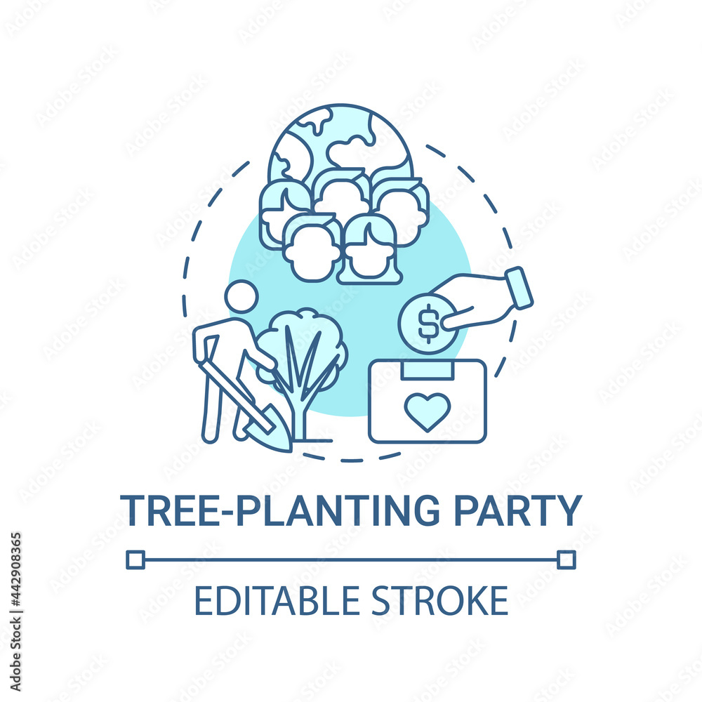 Tree-planting party fundraiser concept icon. Fundraising campaign abstract idea thin line illustration. Transplanting tree seedlings. Vector isolated outline color drawing. Editable stroke Tree-planting party fundraiser concept icon. Fundraising campaign abstract idea thin line illustration. Transplanting tree seedlings. Vector isolated outline color drawing. Editable stroke