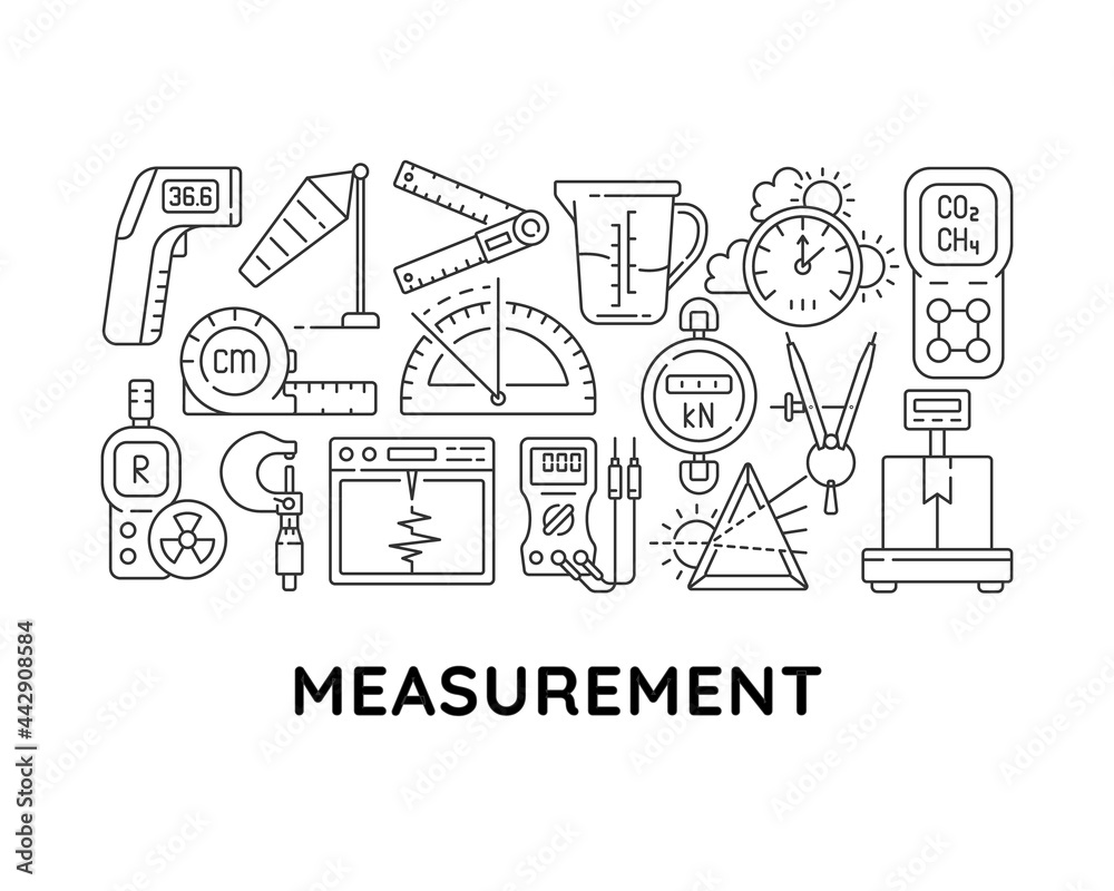 Measurement tools abstract linear concept layout with headline. Devices for measuring minimalistic idea. Weight, length check thin line graphic drawings. Isolated vector contour icons for background