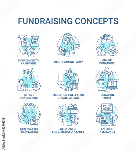 Fundraising concept icons set. Gathering financial support idea thin line color illustrations. Religious, philanthropic groups. Online donations. Vector isolated outline drawings. Editable stroke