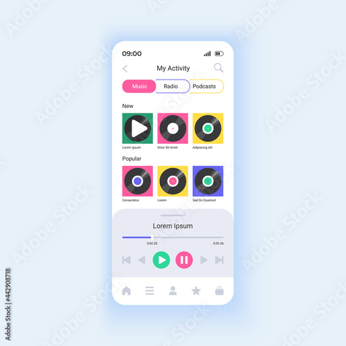 Playing music albums and playlists smartphone interface vector template. Enjoy lossless audio. Mobile app page design layout. Listening quality streams screen. Flat UI for application. Phone display
