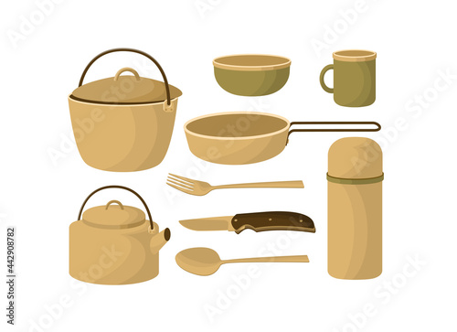 Camping dishes. The camping utensils, kettle, pot, frying pan, bowl, mug, thermos, fork, spoon, knife. Vector illustration in flat style, isolated on a white background.