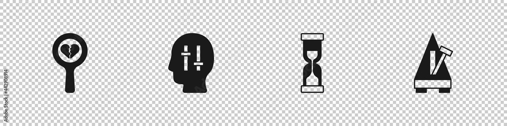 Set Broken heart or divorce, Solution to the problem, Old hourglass and Metronome with pendulum icon. Vector Set Broken heart or divorce, Solution to the problem, Old hourglass and Metronome with pendulum icon. Vector