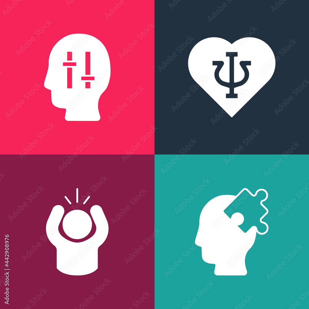 Set pop art Solution to the problem, Anger, Psychology, Psi and icon. Vector Set pop art Solution to the problem, Anger, Psychology, Psi and icon. Vector