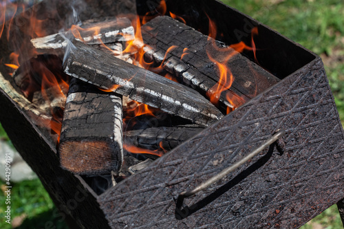 Ready for frying firewood is burning in a brazier. The preparation of cooking meat