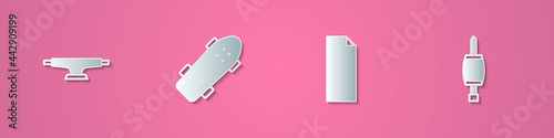 Set paper cut Skateboard wheel, , Grip tape on skateboard and Screwdriver icon. Paper art style. Vector