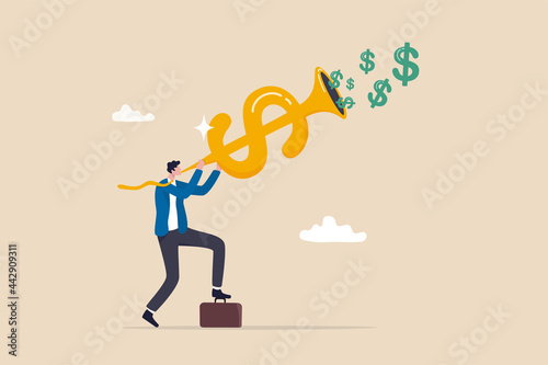 Investment opportunity, making money, profit or earning, FED central bank signal interest rate policy, financial stock market buy and sell signal concept, businessman investor blow dollar money horn.