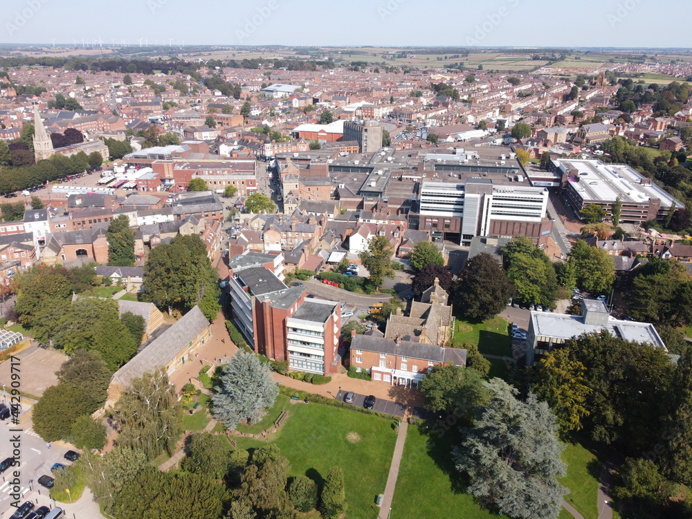View of Wellingborough, Northamptonshire from the air looking across from Swanspool Gardens.