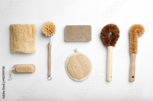 Flat lay composition with eco friendly products on white background