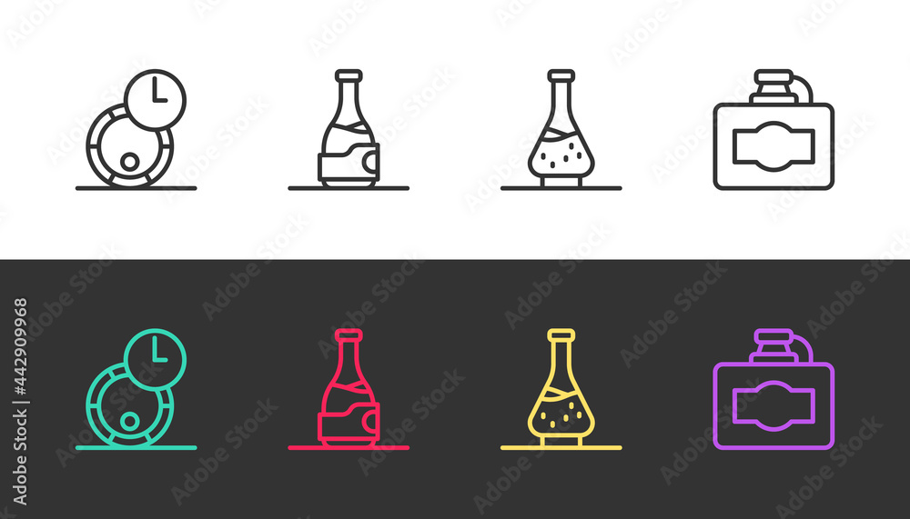 Set line Wooden barrel for wine, Bottle of, Decanter and Cardboard box on black and white. Vector Set line Wooden barrel for wine, Bottle of, Decanter and Cardboard box on black and white. Vector