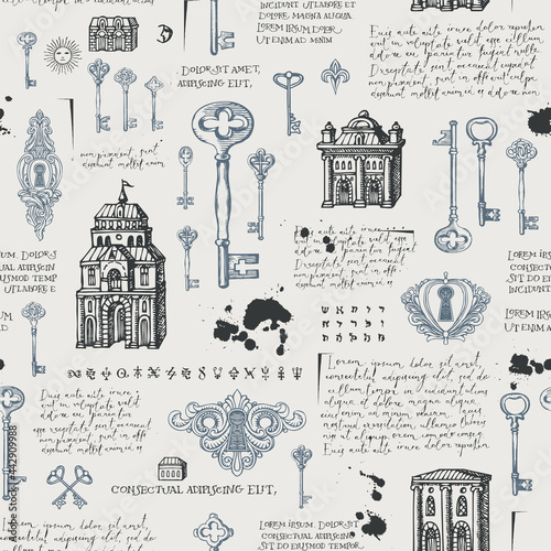 Abstract seamless pattern with vintage hand-drawn keys, keyholes and old buildings in retro style. Vector background with sketches and handwritten text lorem ipsum. Wallpaper, wrapping paper, fabric