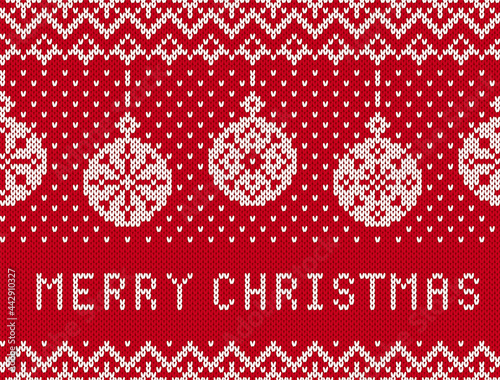 Merry Christmas knit pattern. Red seamless border with balls. Knitted texture. Xmas festive background. Holiday ornament. Fair isle traditional print. Vector illustration.