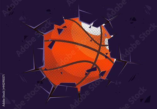 vector illustration of a basketball breaking a wall in the center, fragments of a wall, a broken wall from being hit by a ball