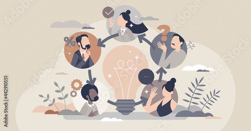 Collective intelligence as community common sense tiny person concept. Creative teamwork with idea brainstorming vector illustration. Team connection and social cooperation for innovation development photo