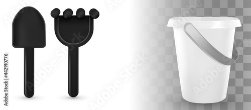 Toys for sandbox, Collection of plastic toys mockup. For playing in the sandbox for children. Beach games. Summer vacation. Toys isolated on white background.