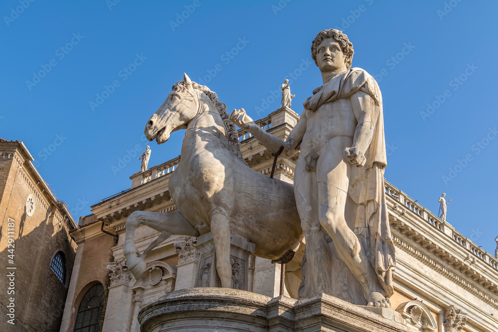 Statue of Castor and a horse in the Piazza del Campidoglio on the Capitoline Hill in Rome, Italy
