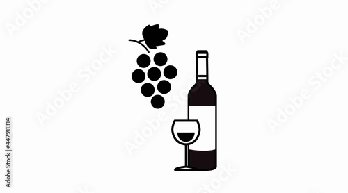 Wine Icon. Vector black and white editable flat illustration of grapes, a bottle of wine and a cup of wine