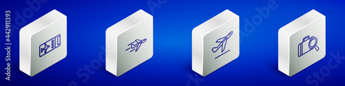 Set Isometric line Airline ticket, Plane, takeoff and Lost baggage icon. Vector