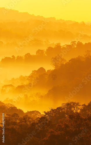 Scenery of mountains in the morning mist.