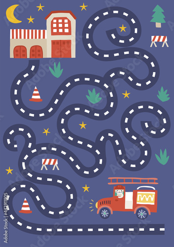 Cute kids labyrinth maze game fun education for children with funny nice cats fireman fire station on dark blue night background childish vector illustration. help find path. activity page sheet