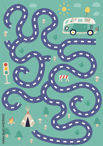 Cute kids labyrinth maze game fun education for children with funny nice cats van camping tent on blue green background childish vector illustration. help find path. activity page sheet