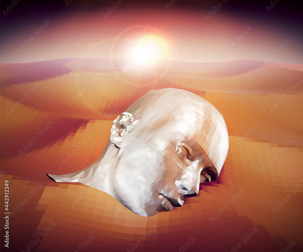 Naklejka premium Polygonal Sunset Scene of Big Metal Human Head Lying in the Desert