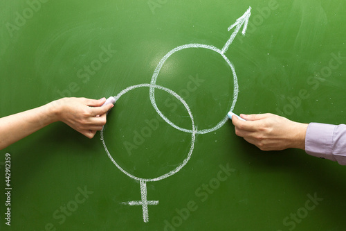 Male and female hands draw symbols of the masculine feminine principle with chalk on the blackboard. The concept of love at school.. © ALEXEY