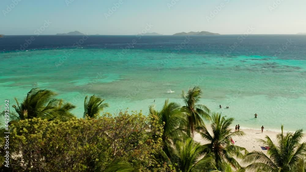aerial view sandy beach on tropical island with tourists palm trees and clear blue water. Malcapuya, Philippines, Palawan. Tropical landscape with blue lagoon aerial view sandy beach on tropical island with tourists palm trees and clear blue water. Malcapuya, Philippines, Palawan. Tropical landscape with blue lagoon