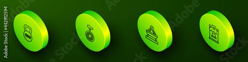 Set Isometric line Weight, Unicycle or one wheel bicycle, Boat swing and Ticket box office icon. Vector