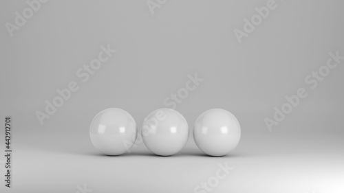 Three white spheres on a white background as 3D illustration
