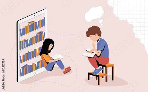 Children read e-books from a tablet. Illustration of a boy and a girl sitting and reading books, studying