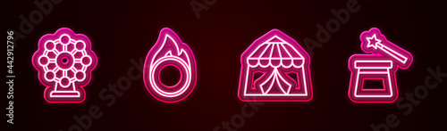 Set line Ferris wheel, Circus fire hoop, tent and Magic hat and wand. Glowing neon icon. Vector