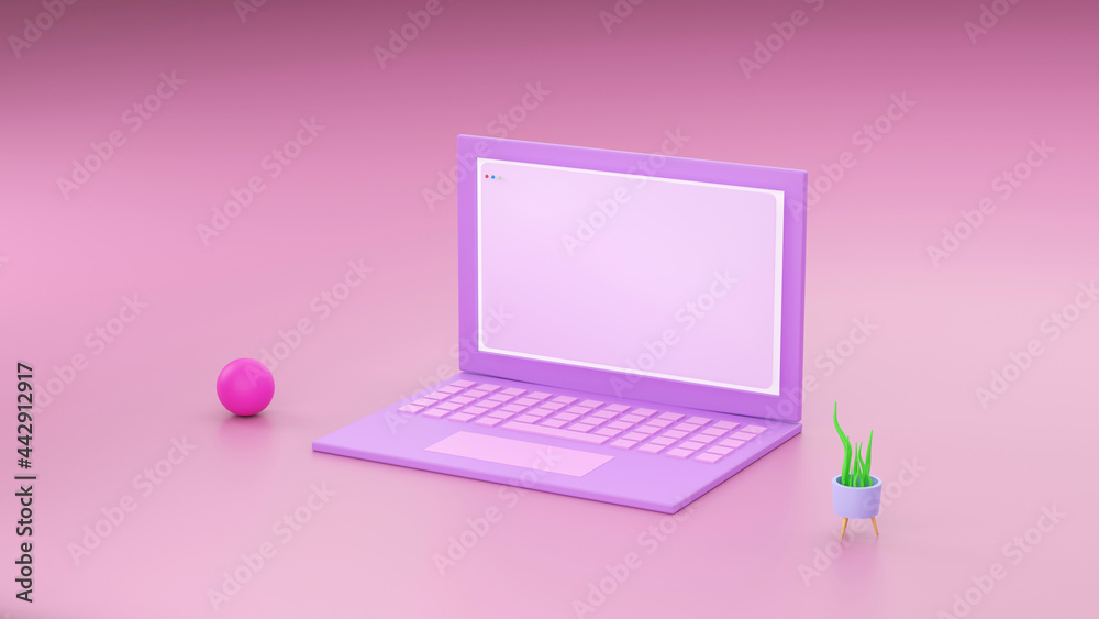 Minimal concept, Laptop on table Work desk pink and violet color and mock-up for your text with notebook and cup. 3d render. - Illustration Minimal concept, Laptop on table Work desk pink and violet color and mock-up for your text with notebook and cup. 3d render. - Illustration