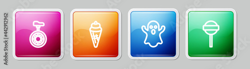 Set line Unicycle or one wheel bicycle, Ice cream in waffle cone, Ghost and Lollipop. Colorful square button. Vector