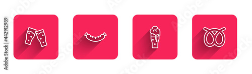 Set line Glass of beer, Sausage, and Pretzel with long shadow. Red square button. Vector