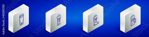 Set Isometric line Bottle opener, Glass of beer, Boot glass and Wooden mug icon. Vector