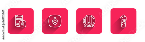 Set line Metal beer keg, Hop, Wooden barrel and Glass of with long shadow. Red square button. Vector